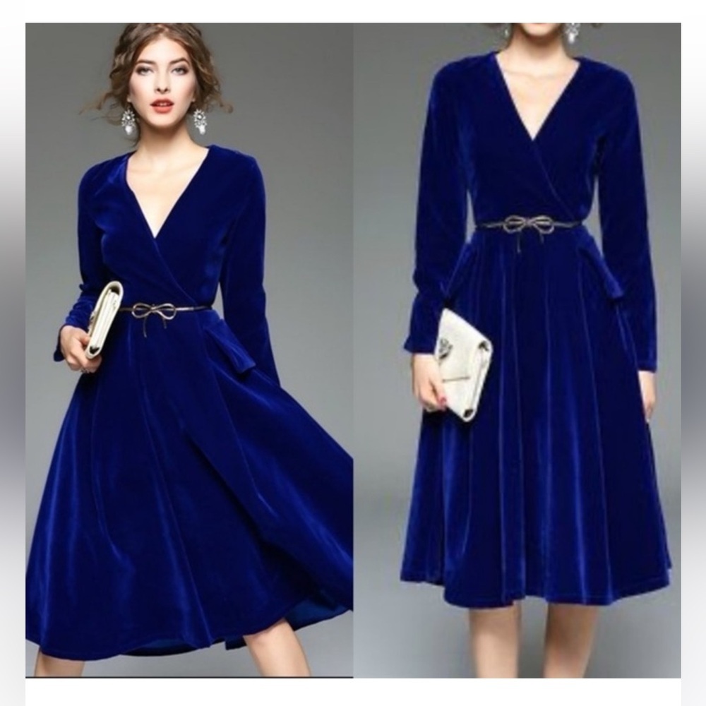 JIANSHAN RETRO INSPIRED BLUE‎ VELVET FIT AND FLARE DRESS SIZE MEDIUM